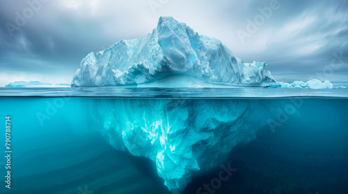 Pollution of the oceans, white iceberg floats in the ocean with a view underwater, Tip of the iceberg, Half underwater, Hidden Danger Global Warming Concept