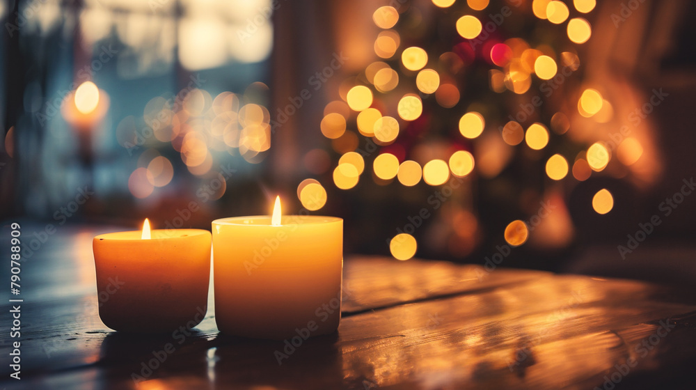 Two burning candles on a wooden table in front of a Christmas tree Two burning candles on a wooden table in front of a Christmas tree