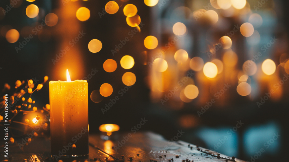 Burning candle on wooden table in cafe with bokeh background