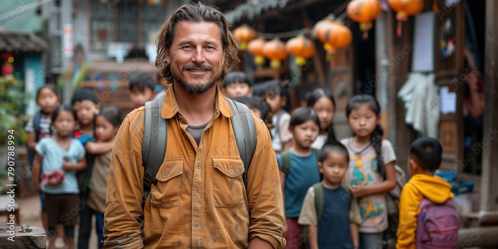 Man Teaching Outdoor Life Lesson to Group of Chinese Children