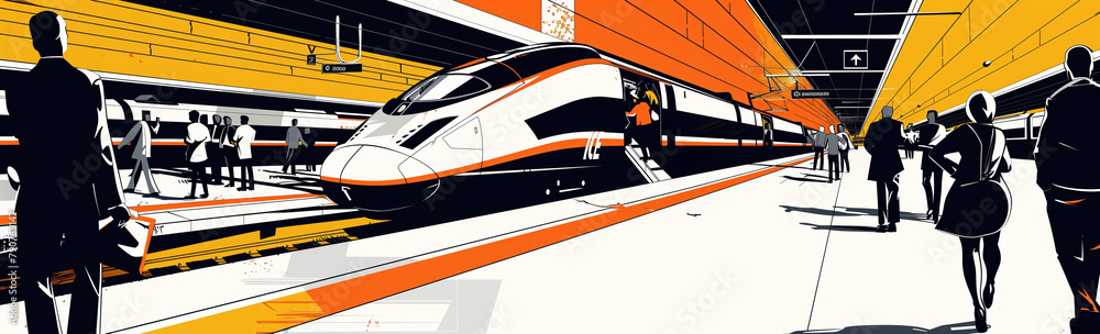 Modern commuter fast train inside underground station. Illustration of transportation in metro district. Panorama background. Generative AI.