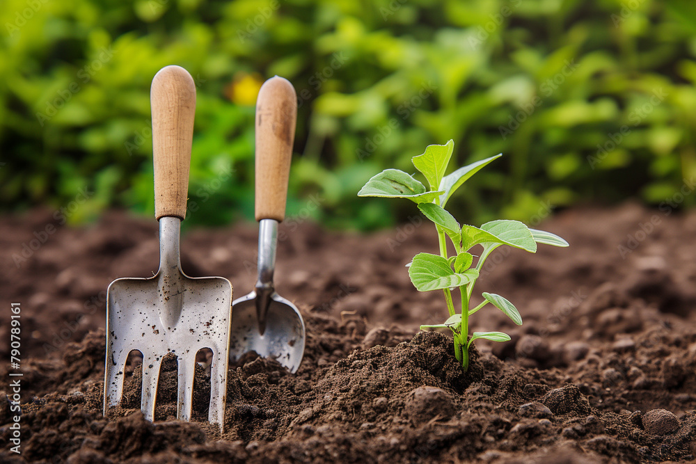 close-up of elegance and simplicity of a gardening hand trowel and fork against the backdrop of freshly turned garden soil, evoking a sense of anticipation and readiness for planti close-up of elegance and simplicity of a gardening hand trowel and fork against the backdrop of freshly turned garden soil, evoking a sense of anticipation and readiness for planti