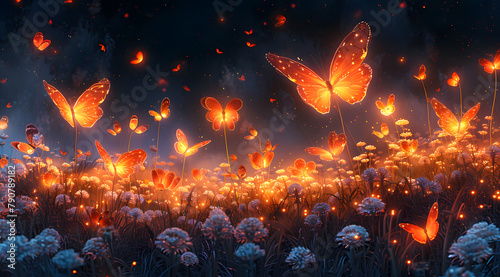 Moonlit Inferno: Watercolor Spectacle of Fiery Butterflies and Bioluminescent Flowers