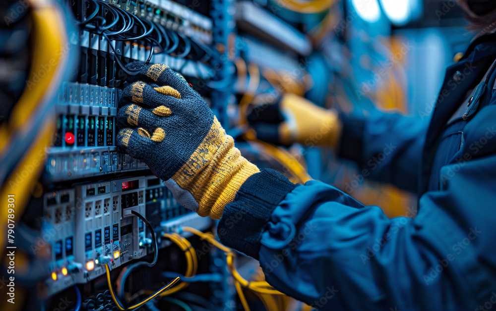 Technician or system administrator with gloves works with patch panels in server room. Close-up photo Technician or system administrator with gloves works with patch panels in server room. Close-up photo