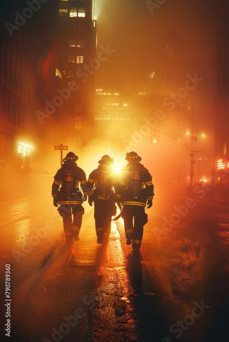 A group of firefighters in full gear walking down a city street at night  possibly heading to an emergency