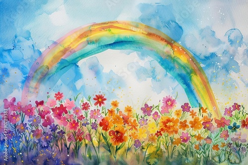 Watercolor painting of a rainbow arching over a field of flowers  vibrant yet light hues that stimulate but dont overwhelm young eyes