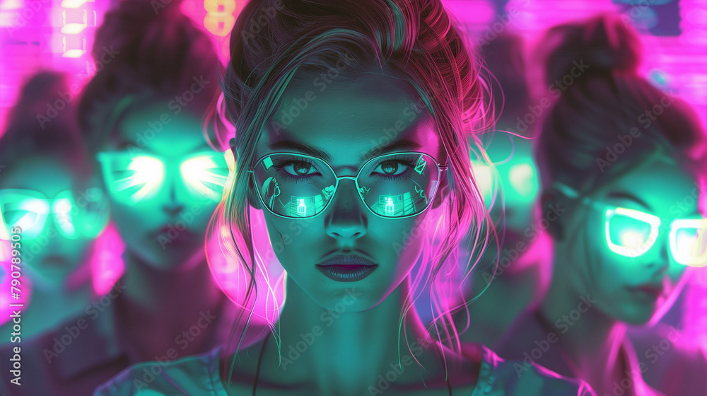 Neon light, double exposure and woman with art deco, creative and color lighting for style in studio. Female model, cosmetics and overlay with glow, makeup and person with freedom and pink background Neon light, double exposure and woman with art deco, creative and color lighting for style in studio. Female model, cosmetics and overlay with glow, makeup and person with freedom and pink background