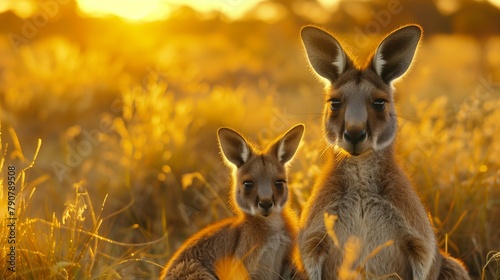 Golden Hour Bonding: Kangaroo and Joey in the Outback, generative ai © Matus
