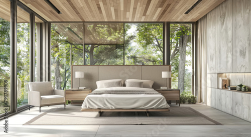 A minimalist bedroom with large windows, a wooden ceiling and light gray colored walls.