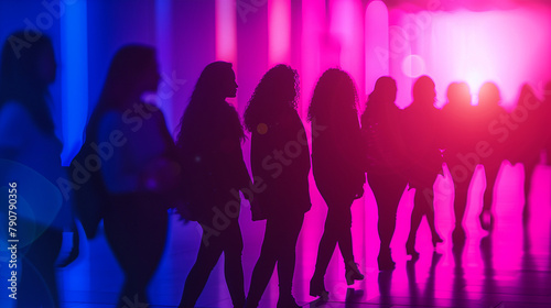 woman solidarity with people holding hands in the evening sun in landscape format as a banner. group of people joining hands forming a chain of solidarity facing the backlit sun