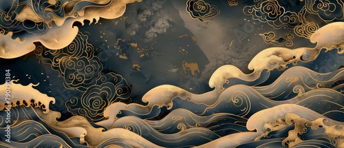 Design of a Japanese background with gold texture. Chinese cloud ocean wave decorations in vintage style. Natural and natural art for an invitation card.