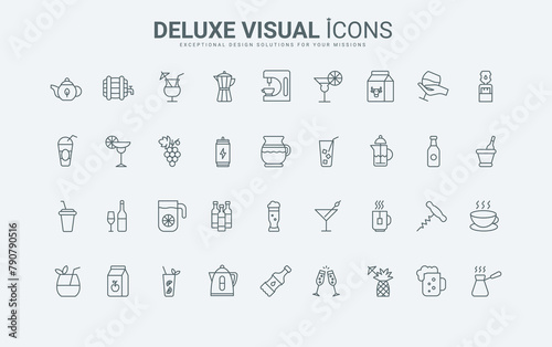 Outline summer cocktails and soda symbols, bottle and glass of alcohol or juice, tea and coffee, water with ice. Drinks of bar and restaurant menu thin black and red line icons set vector illustration