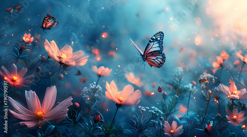 Cosmic Garden: Watercolor Oasis of Luminous Flowers and Dynamic Butterflies in Nebula