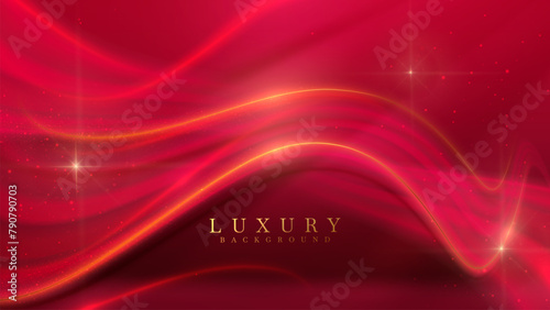 Red Abstract Background with Golden Swirls and Sparkles.