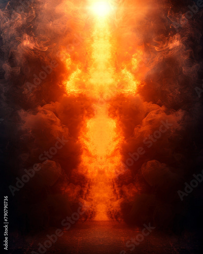 Intense red flames and smoke on a dark abstract background.