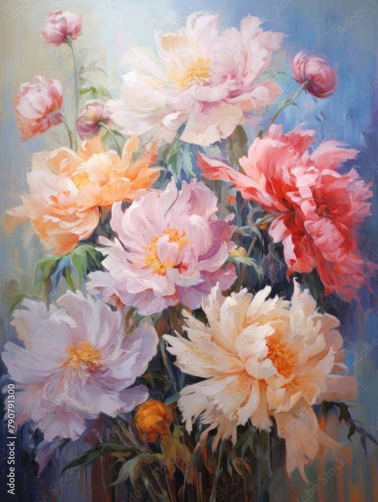 Oil painting of spring pink peony flowers bouquet. Valentine, Woman's day and Mothers day concept, art for design poster, greeting card, banner, wedding invitation