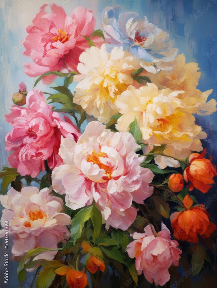 Oil painting of spring pink peony flowers bouquet. Valentine, Woman's day and Mothers day concept, art for design poster, greeting card, banner, wedding invitation Oil painting of spring pink peony flowers bouquet. Valentine, Woman's day and Mothers day concept, art for design poster, greeting card, banner, wedding invitation