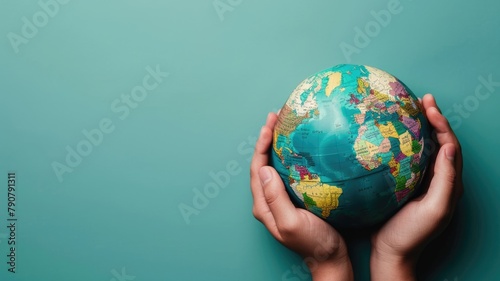 Hands holding colorful globe against teal background