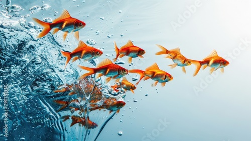 School of orange fish swimming underwater with air bubbles