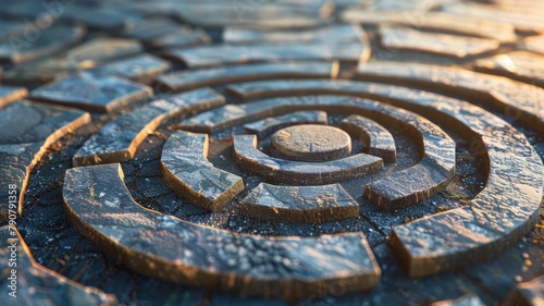 Close-up of textured, circular stone maze design with sunlight and shadow