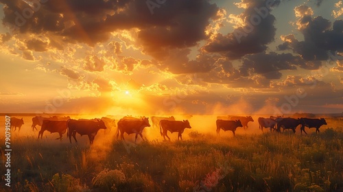 Energetic Cattle Herding in Dramatic Field, generative ai