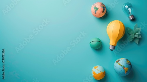 Assorted objects including light bulbs and globes on blue background