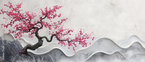 Japanese wave pattern with brush stroke element in a plum tree chinese painting. photo