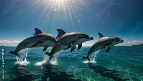 A joyfully frolicking school of dolphins dances beneath the sun-dappled surface of a tropical lagoon. Their sleek bodies glisten in the crystal-clear waters  while their playful leaps and flips captur