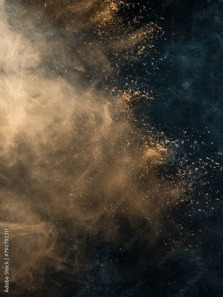 Golden particles swirling on a navy blue background with a mystical feel.
