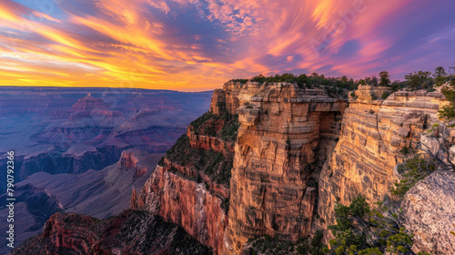 Mountain cliff edge overlooking epic canyon landscape at sunrise with beautiful colorful sky and clouds