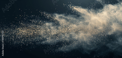 Dust and particles create a dynamic explosion on a blue backdrop.