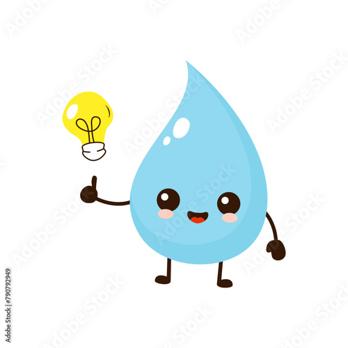 Cute funny cartoon water drop with idea light bulb