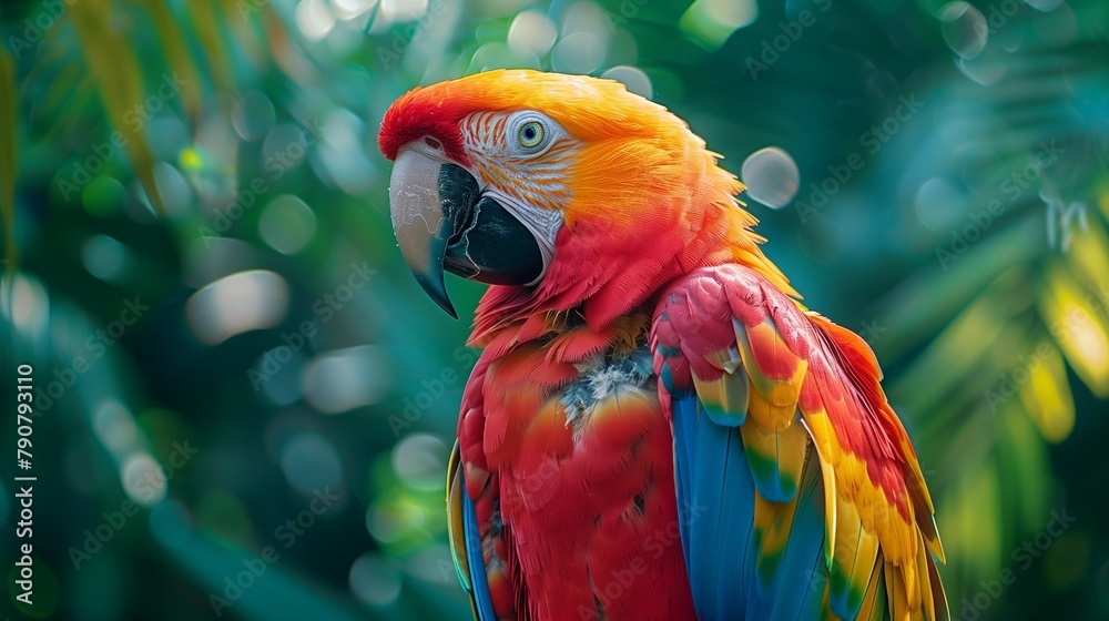 Obraz premium Vibrant Parrot Feathers in Jungle Setting, generative ai