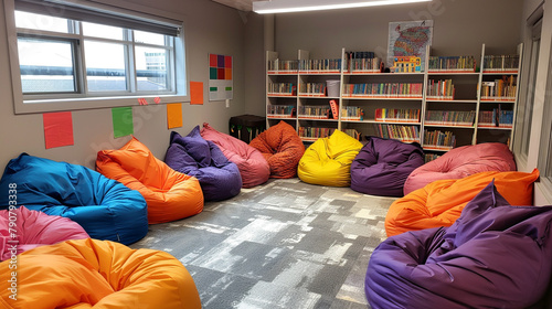 Bean bags scattered around for comfortable and flexible seating options.