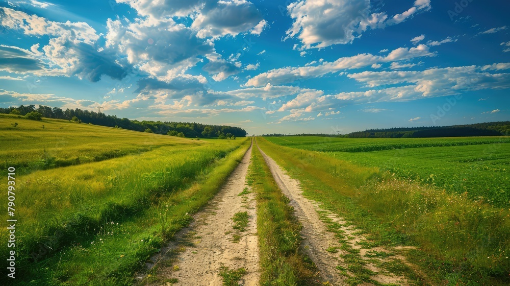 Photo of a rural road on green field. AI generated. Photo of a rural road on green field. AI generated.
