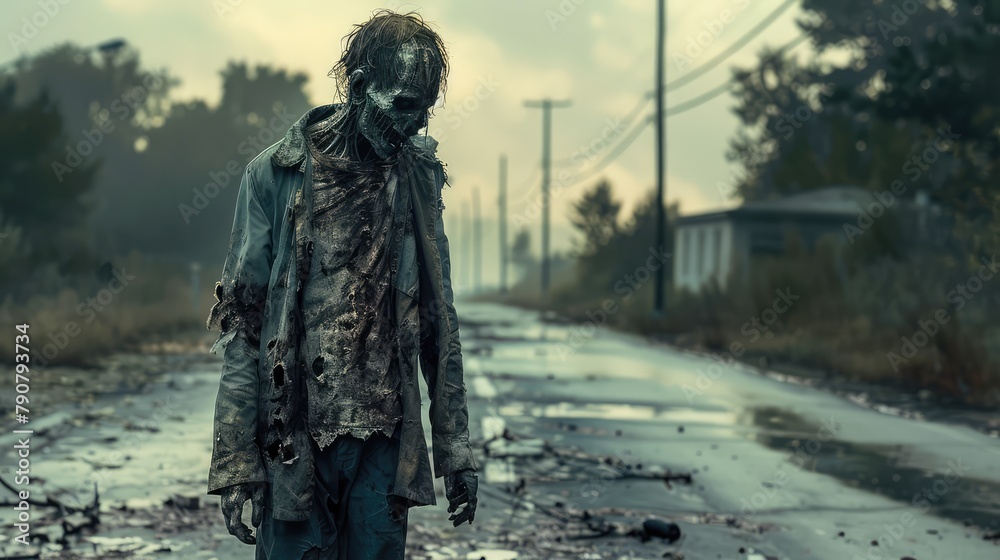 Photo of a creepy zombie on the street. AI generated. Photo of a creepy zombie on the street. AI generated.