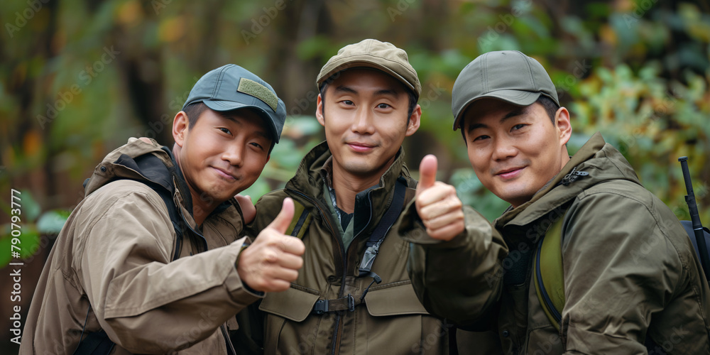 Group of three forest rangers standing next to each other outdoors.