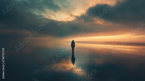Photo of lonely person on the sea shore. AI generated.