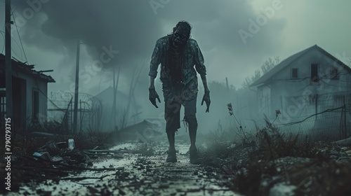 Photo of a creepy walking zombie. AI generated.