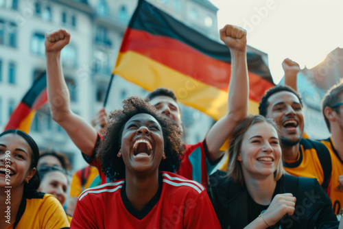 Jubilant Fans Cheering  Multicultural Celebration with German Flag