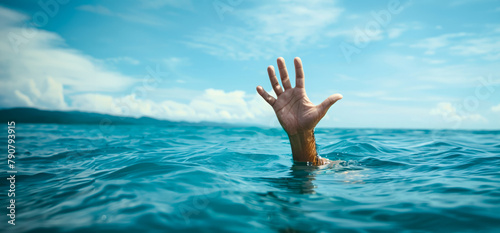 Desperate Hand Reaching for Help in Ocean Water