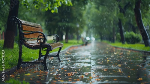 Fototapeta Naklejka Na Ścianę i Meble -  Bench in the beautiful park on a rainy day. AI generated.