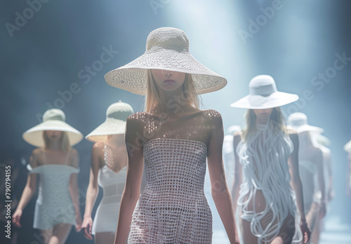 simple designs on the runway, models wearing oversized sunhats walking down the catwalk, fashionable attire with geometric patterns