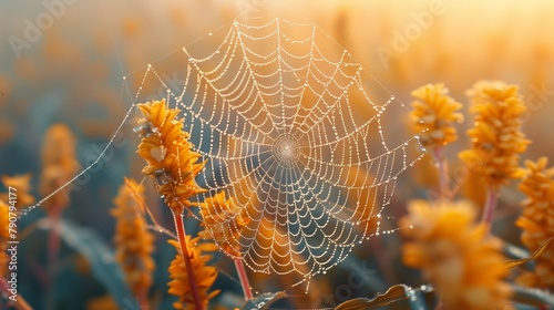 Morning Dew on Spider Web in Crop Field  generative ai