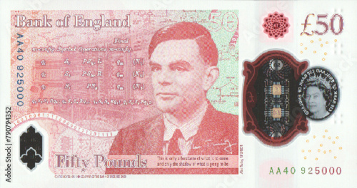 Vector reverse high poly pixel mosaic polymer banknote of Great Britain or England. Denominations of bill 50 pounds 2020. Game money of flyer. Part 2