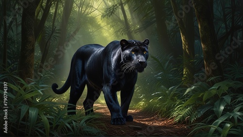 A silently stalking panther, its glossy fur melding into the shadows of the dense jungle undergrowth. This lifelike image, whether a hyper-realistic painting or a stunning photograph, captures the sle photo