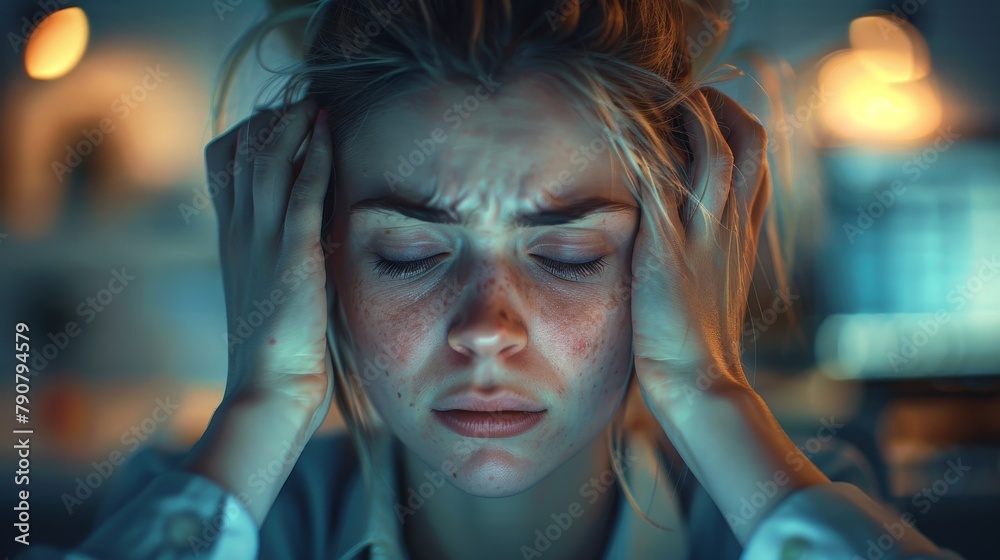 A woman holding her head in her hands looking stressed. A woman holding her head in her hands looking stressed.