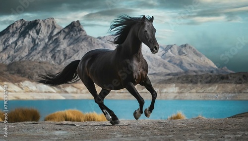 black horse galloping near a lake