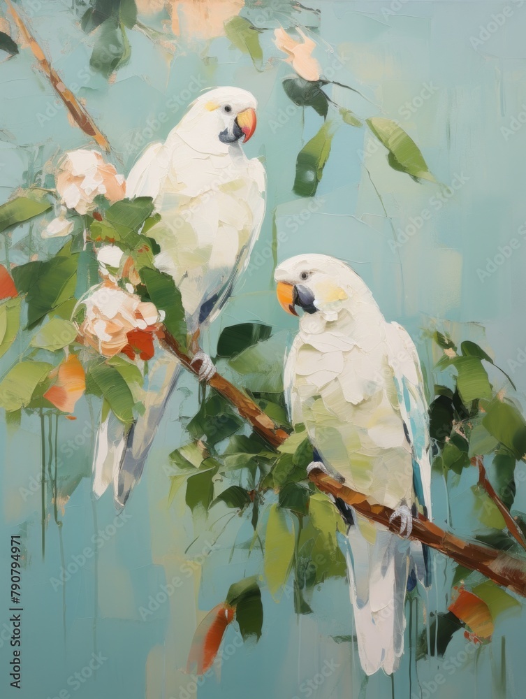 Two white parrots sitting on a branch with tropical flowers on green background. Oil painting bright exotic illustration for print, poster, web design. Contemporary art style. - obrazy, fototapety, plakaty 