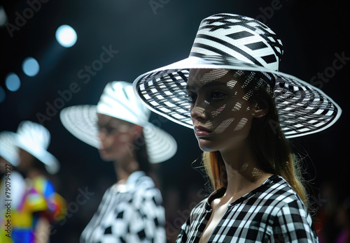simple designs on the runway, models wearing oversized sunhats walking down the catwalk, fashionable attire with geometric patterns